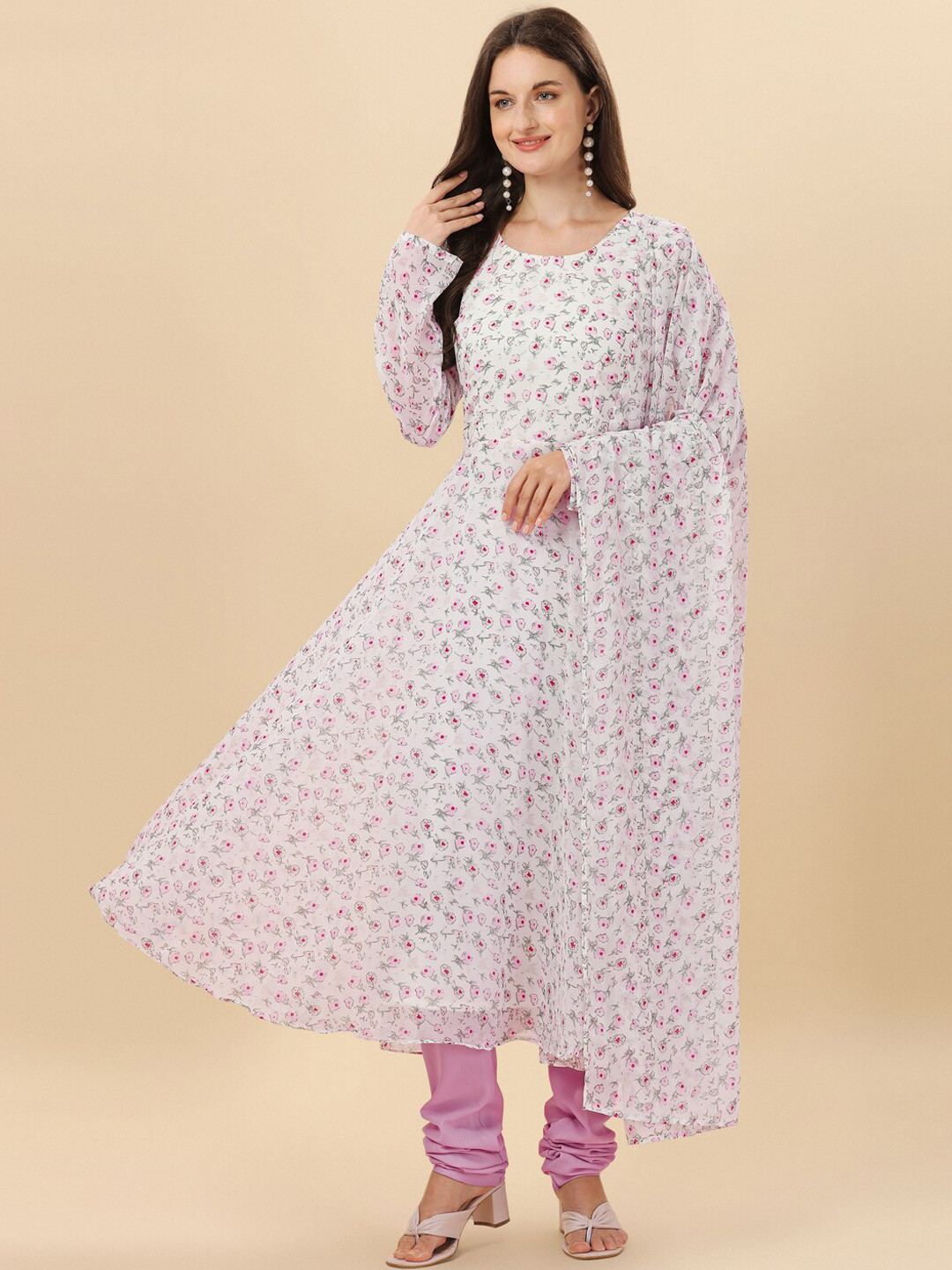 Virah Fashion Floral Printed A-Line Kurta With Churidar & Dupatta