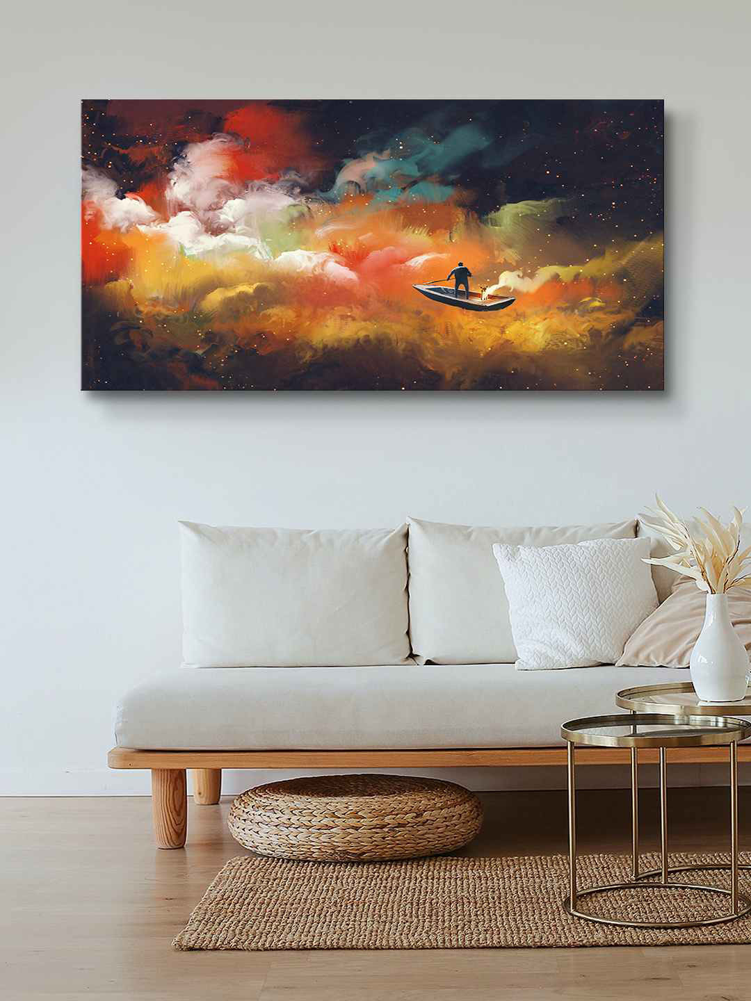 999Store Brown & Yellow Abstract Ocean With Boats Framed Canvas Wall Art Painting