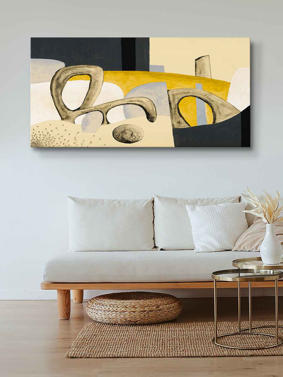 999Store Brown & Yellow Abstract Bizarre Biomorphic Shapes Framed Canvas Painting Wall Art