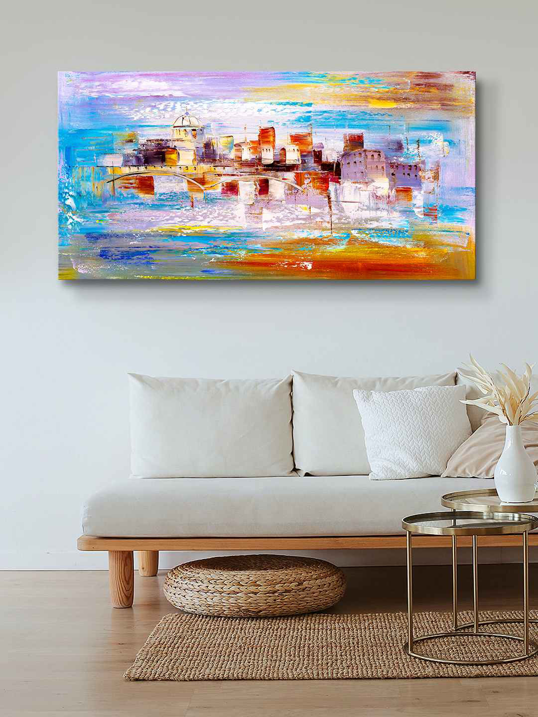 999Store Blue & Orange Abstract Building Painting Canvas Wall Art