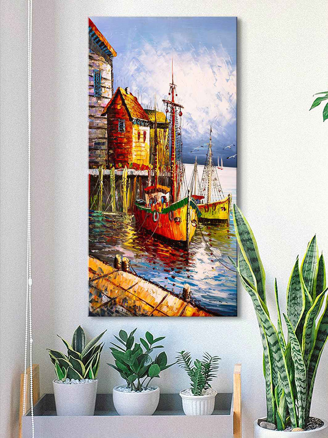 999Store Blue Boat & House Painting Canvas Wall Art