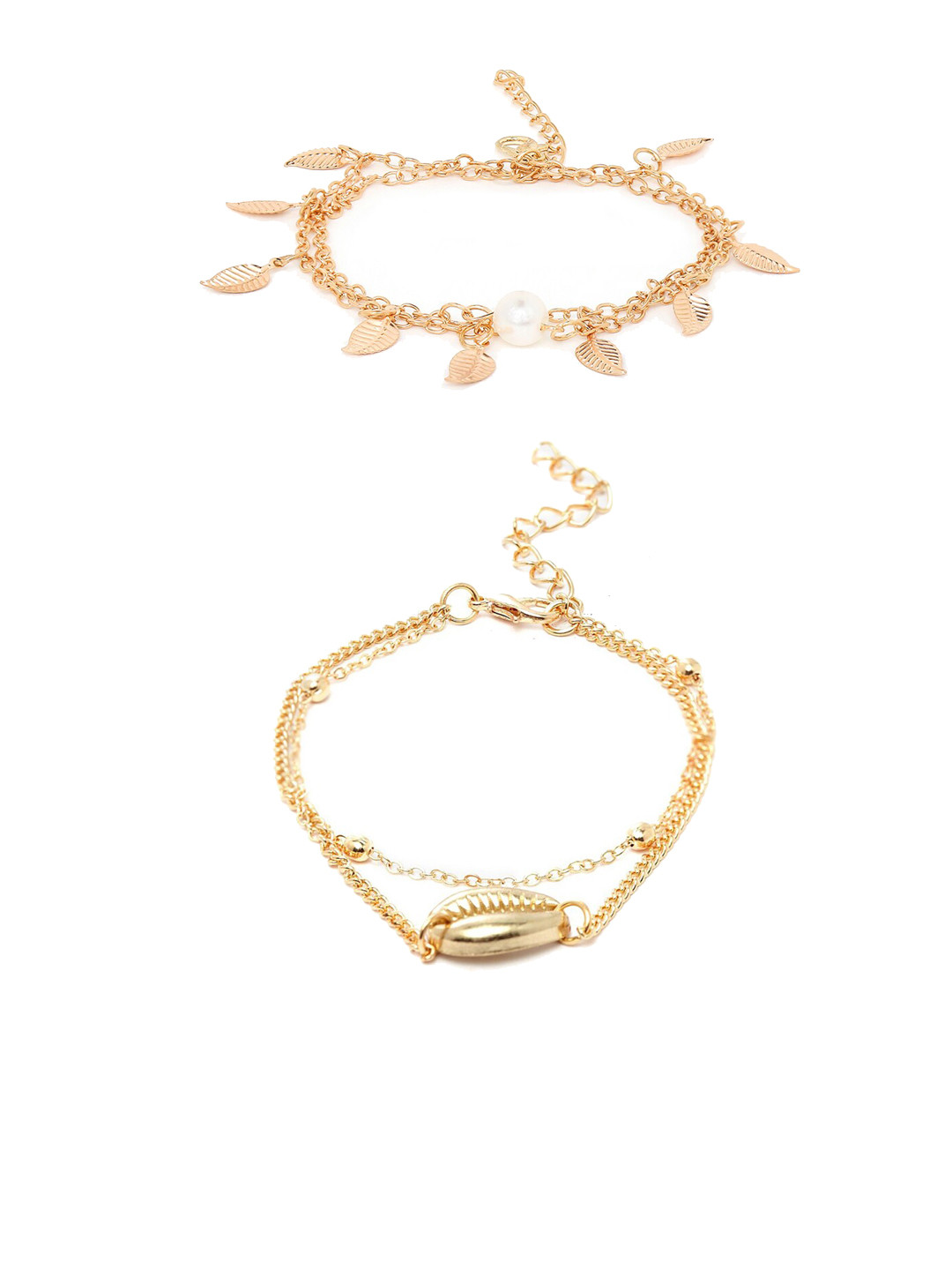 OOMPH Set of 2 Gold-Plated Sea Shell & Leaf Pearls Anklets