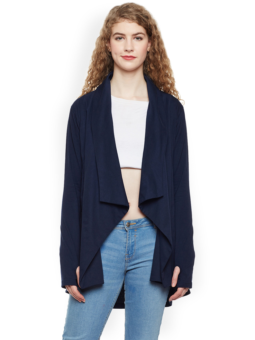 Hypernation Navy Blue Solid Open Front Shrug