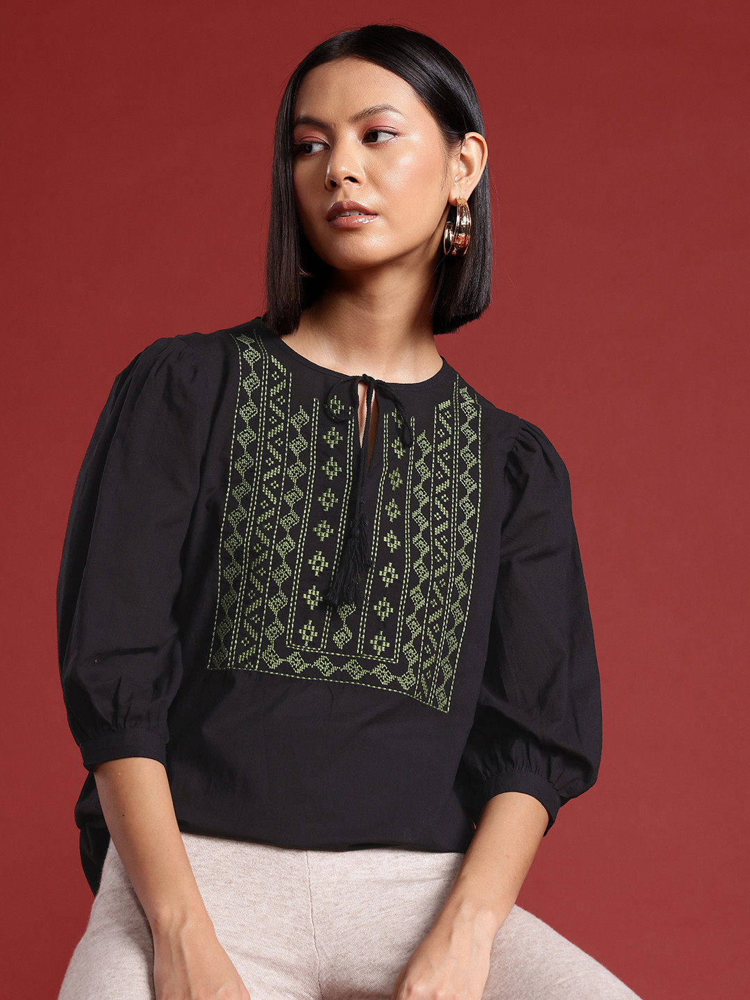 Routes by All About You Embroidered Tie-Up Neck Cotton Top