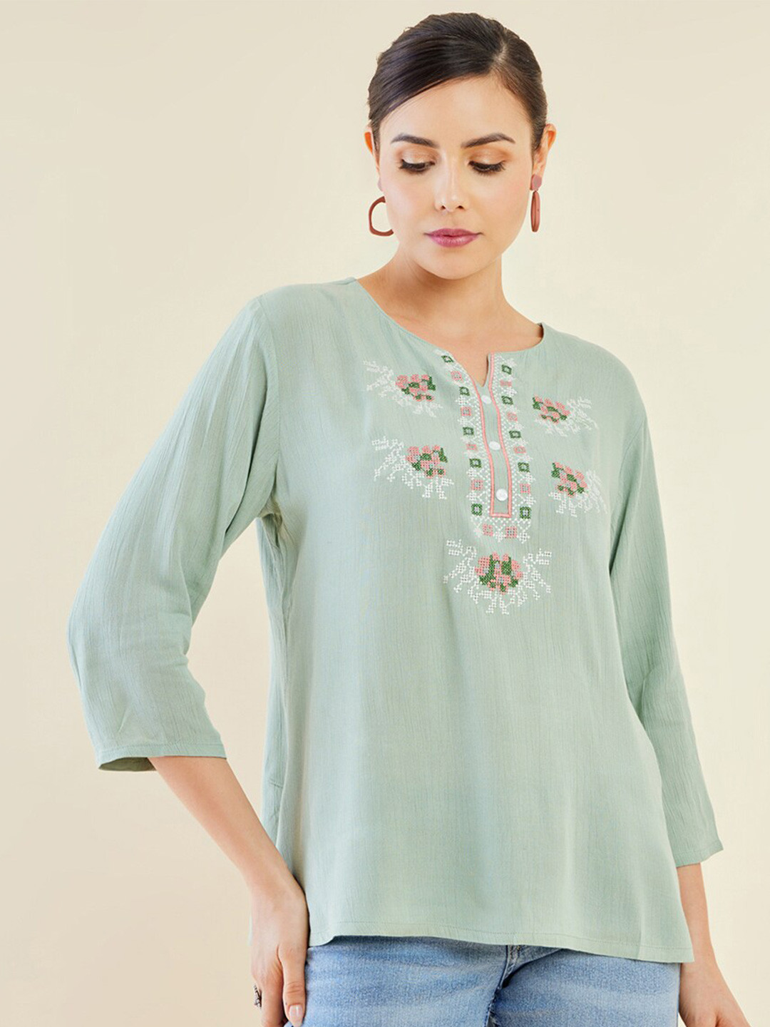 Soch Sea Green Geometric Embroidered Tunic