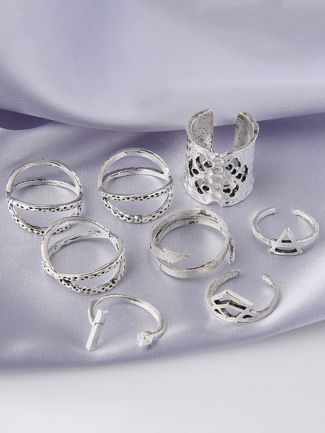 Scintillare By Sukkhi Set Of 8 Silver-Plated Oxidised Finger Rings