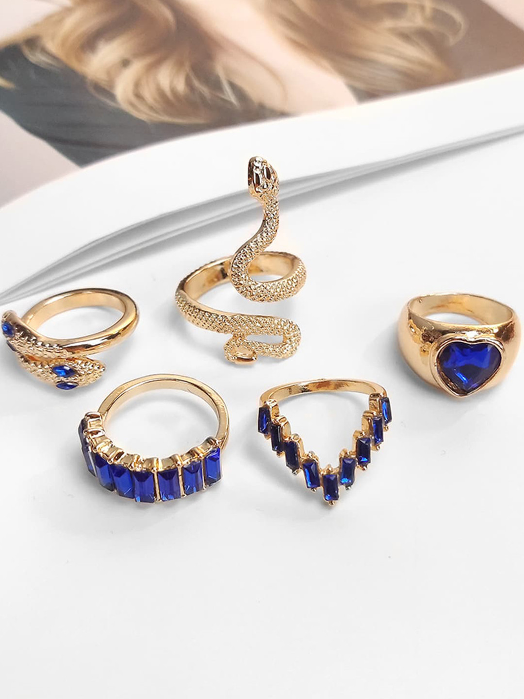 Scintillare By Sukkhi Set Of 5 Gold-Plated Stone Studded Finger Rings