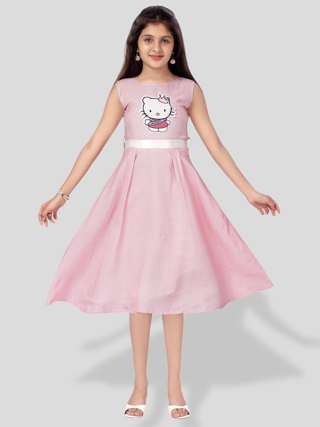 BAESD Girls Striped Applique Belted Fit & Flare Midi Cotton Dress