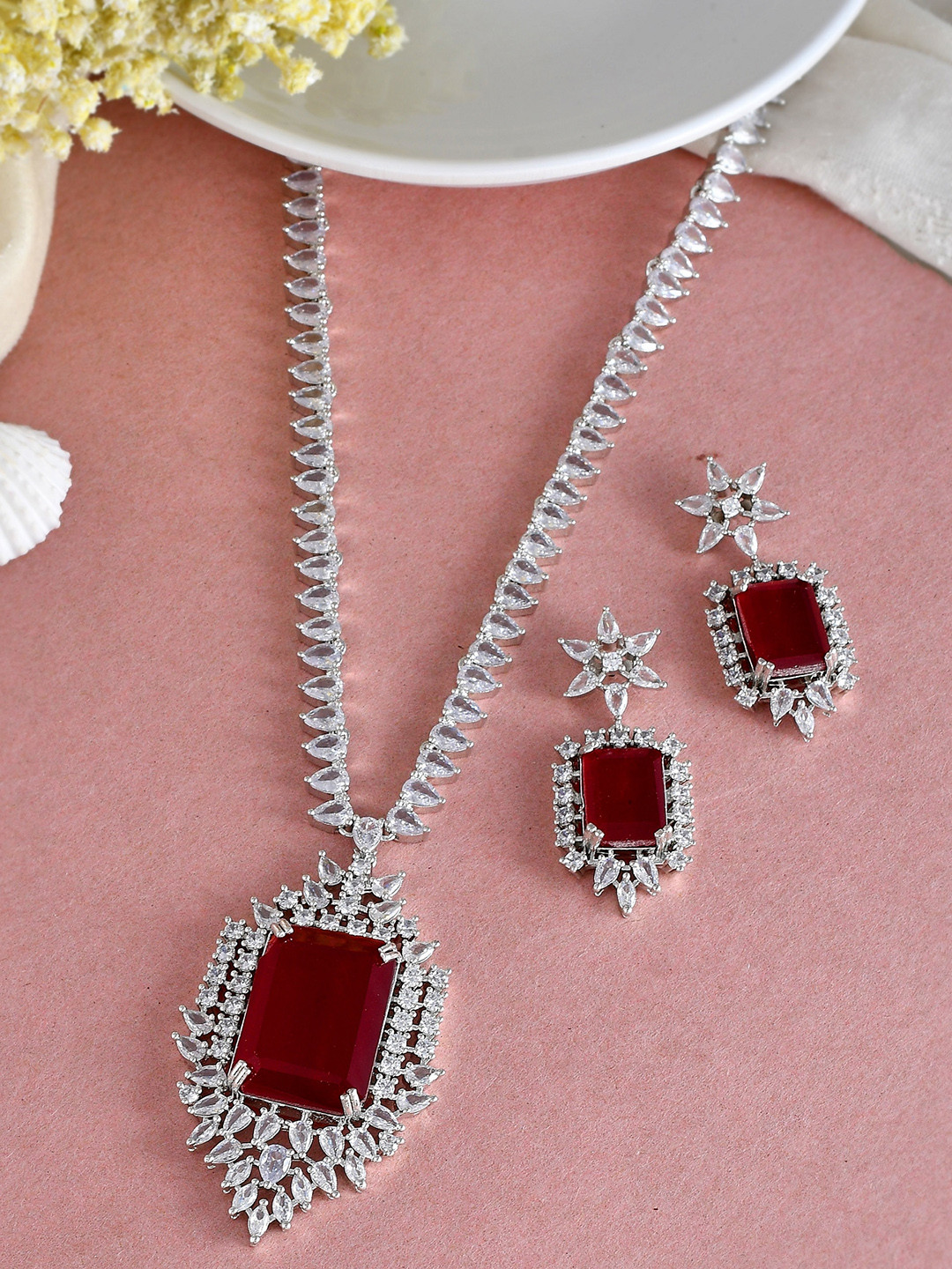 Silvermerc Designs Silver-Plated Faux Ruby American Diamond-Studded Jewellery Set