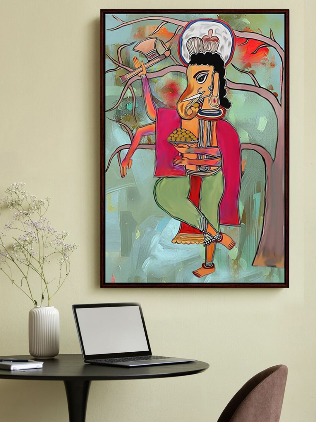999Store Green & Red Lord Ganesha With Modak And Tree Framed Painting Wall Art