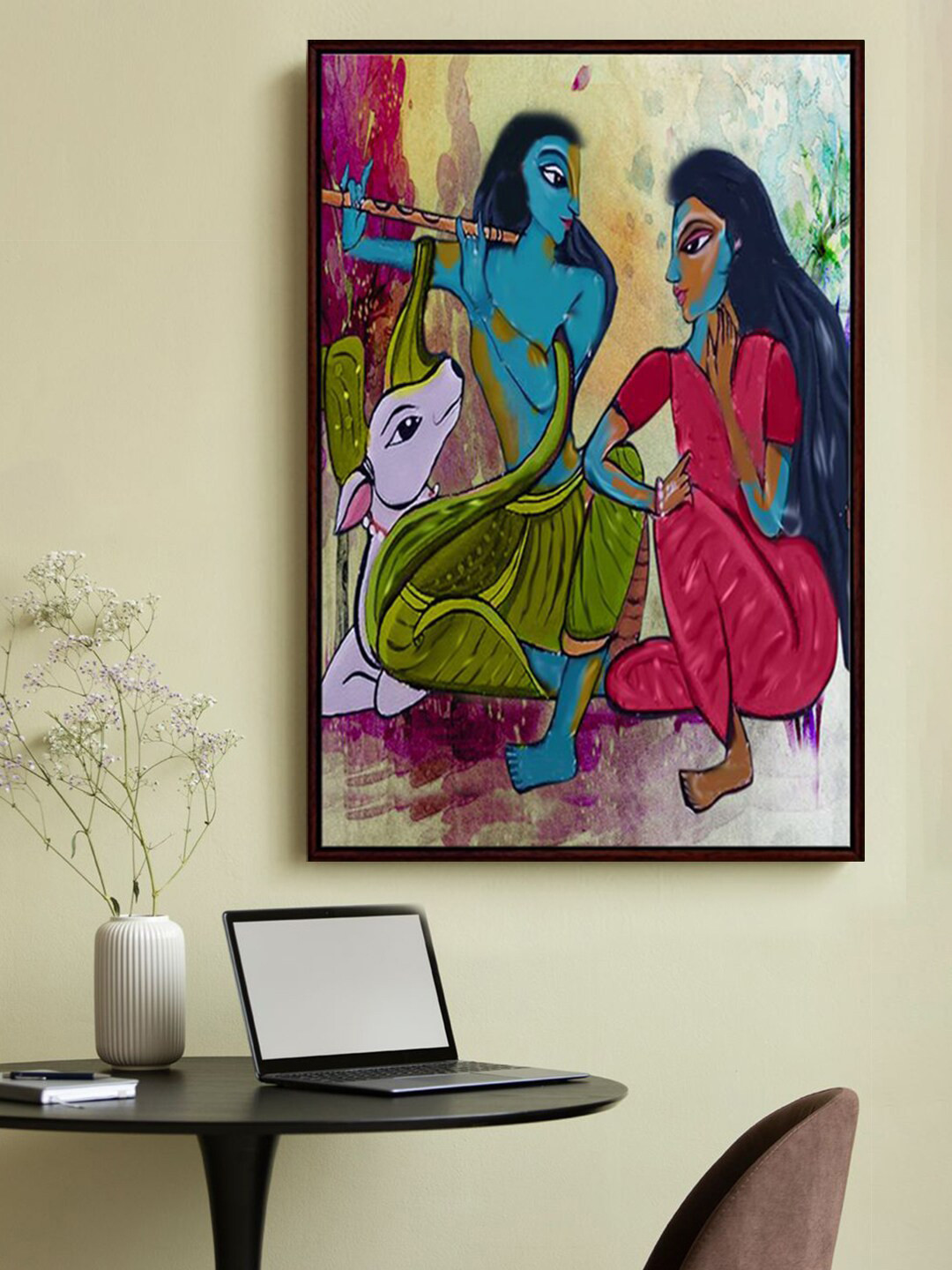 999Store Blue & Pink Radha Krishna Playing Flute With Cow Wall Art Painting