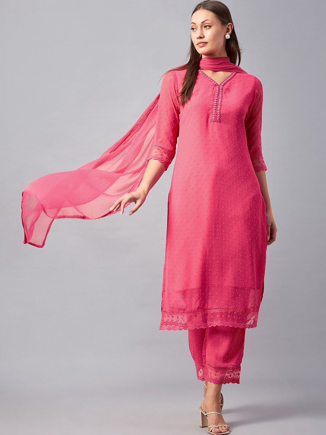 Azira Textured Woven Design Regular Mirror Work Straight Kurta With Palazzos & Dupatta