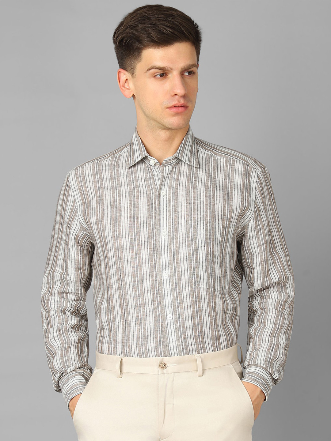 Luxure by Louis Philippe Classic Fit Striped Pure Linen Formal Shirt