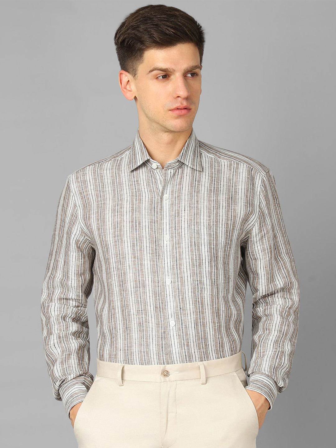 Luxure by Louis Philippe Classic Fit Striped Pure Linen Formal Shirt