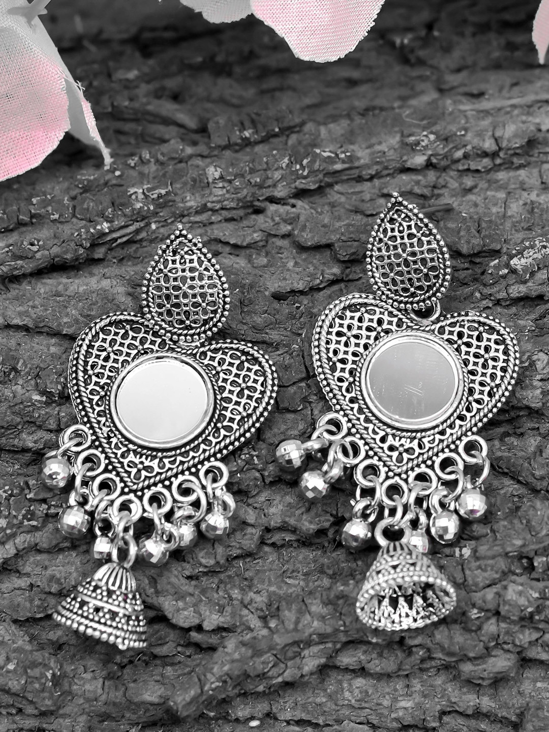 ROHINIKA Silver-Plated Oxidised Heart Shaped Drop Earrings