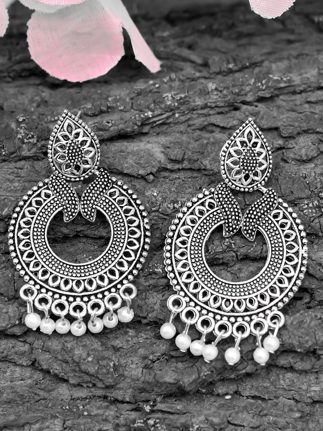 ROHINIKA Silver-Plated Oxidised Contemporary Drop Earrings