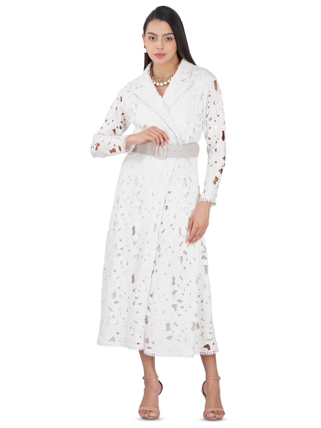 KOVET Crochet Detailed Notch - lapel Collar Belted Blazer Dress