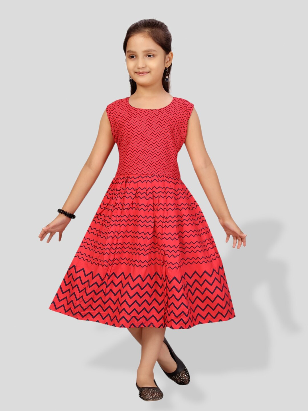 BAESD Girls Red Print Fit & Flare Cotton Midi Dress