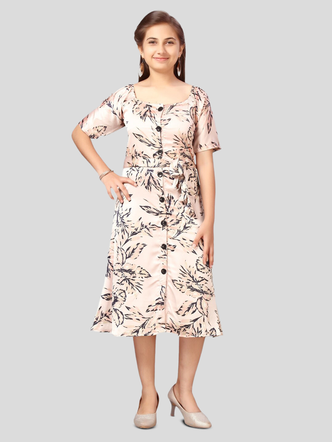 BAESD Girls Tropical Printed Silk Midi A-Line Dress