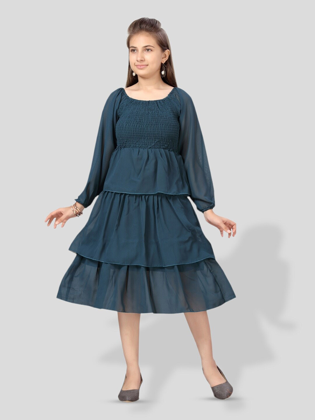 BAESD Girls Smocked Layered Georgette Fit & Flare Midi Dress