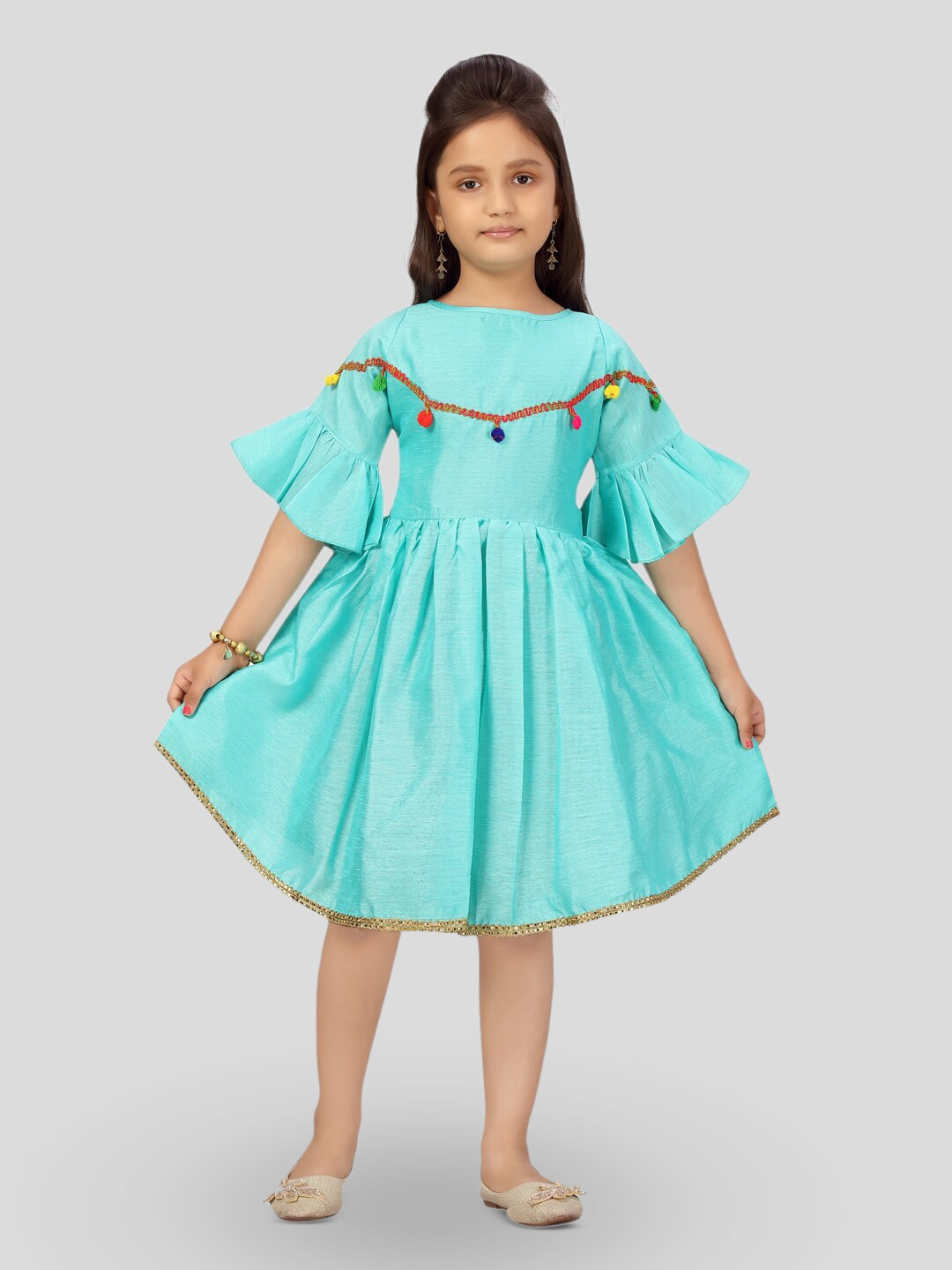 BAESD Girls Silk Turquoise Blue Solid Bell Sleeve Fit & Flare Dress