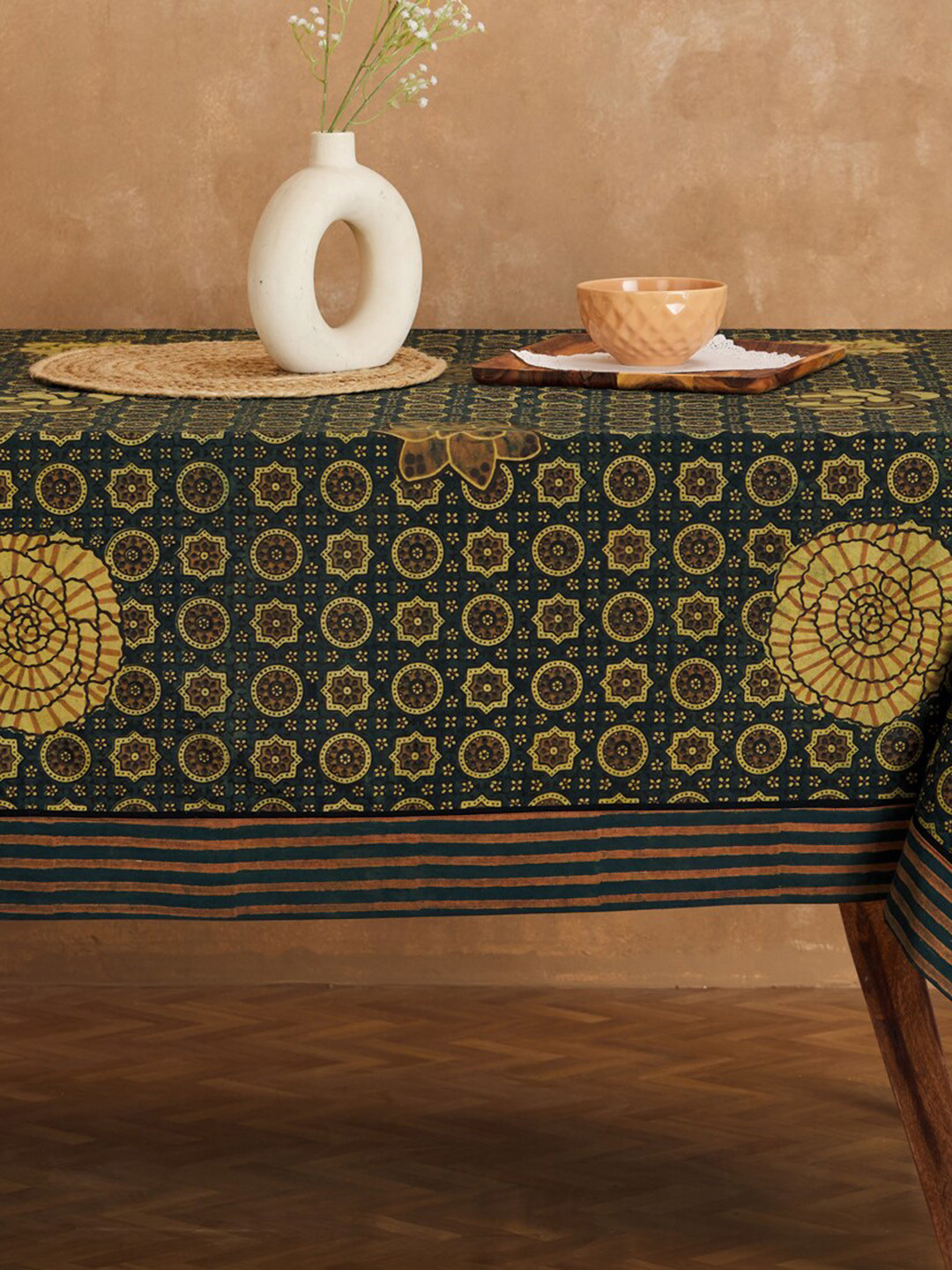 Fabindia Ipshita Green & Brown Printed Cotton 8-Seater Table Cover