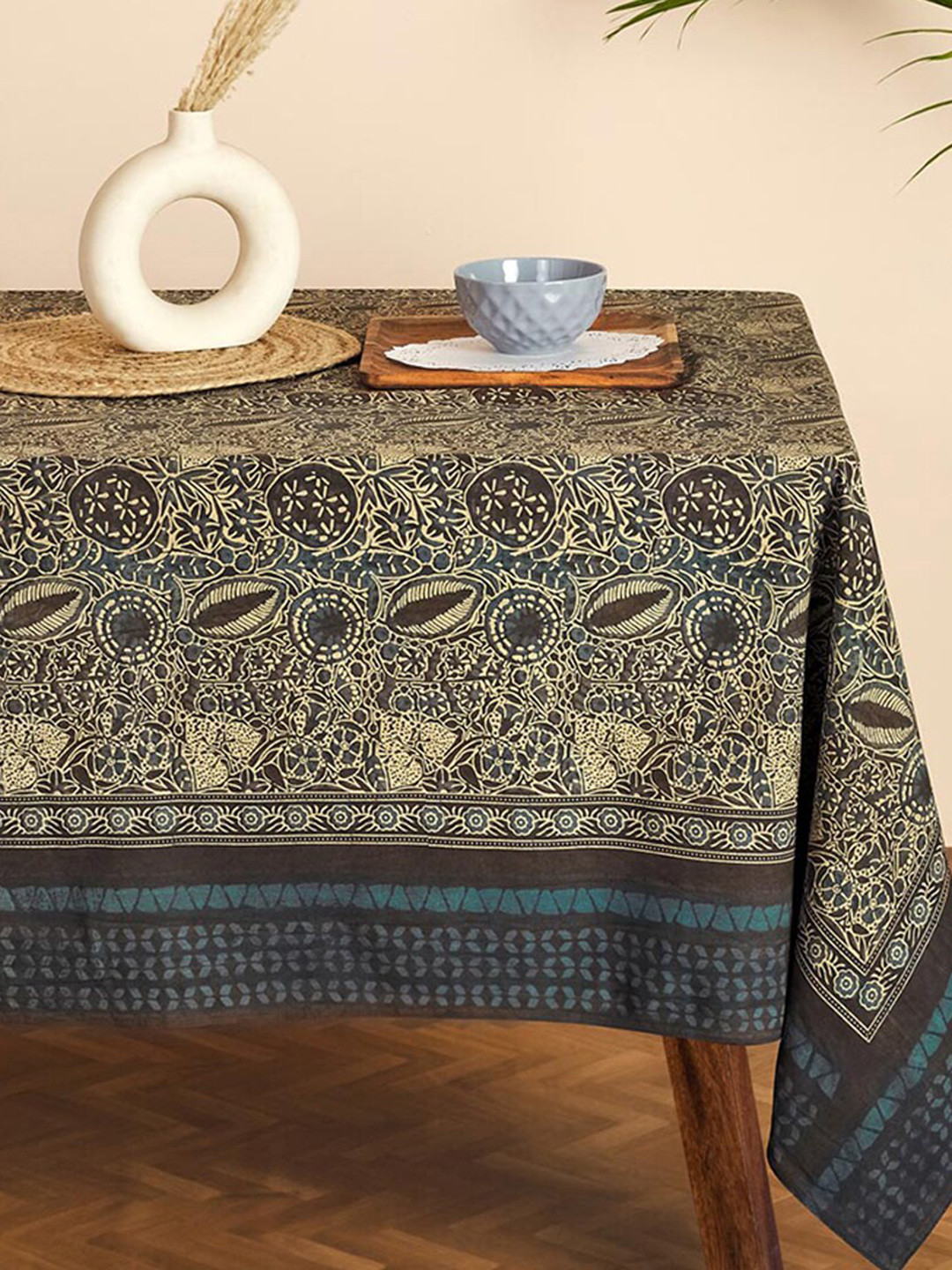 Fabindia Brown & Beige Floral Printed 4 Seater Cotton Table Cover