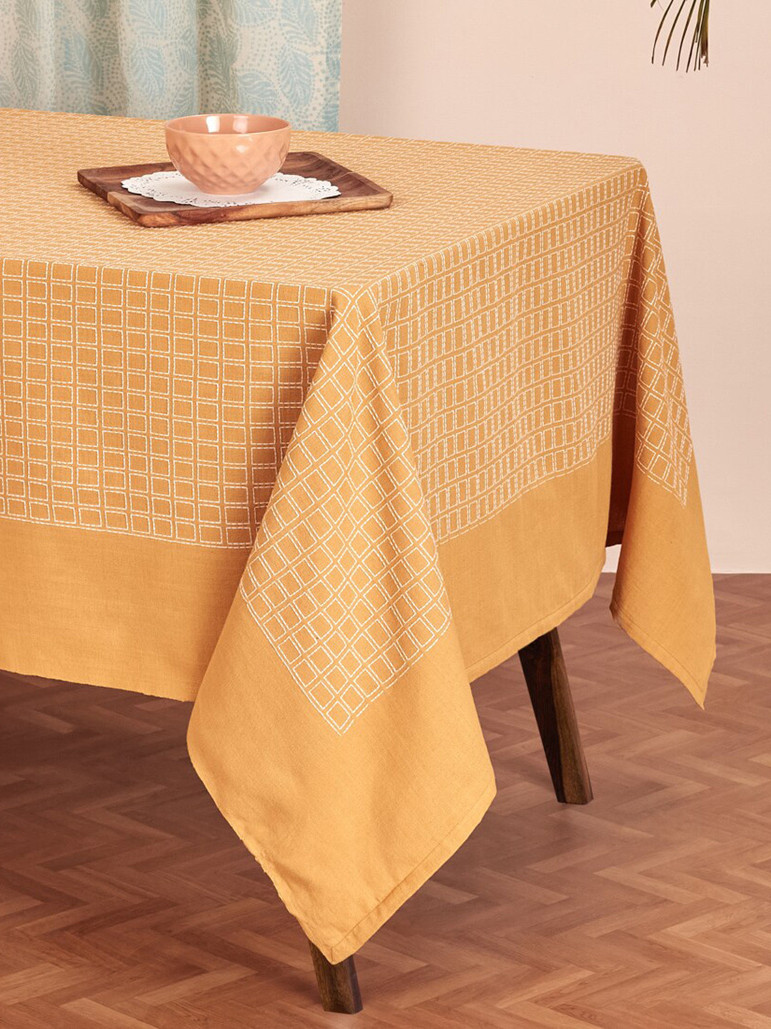 Fabindia Drithi Mustard Yellow & White Embroidered Cotton 6-Seater Table Cover