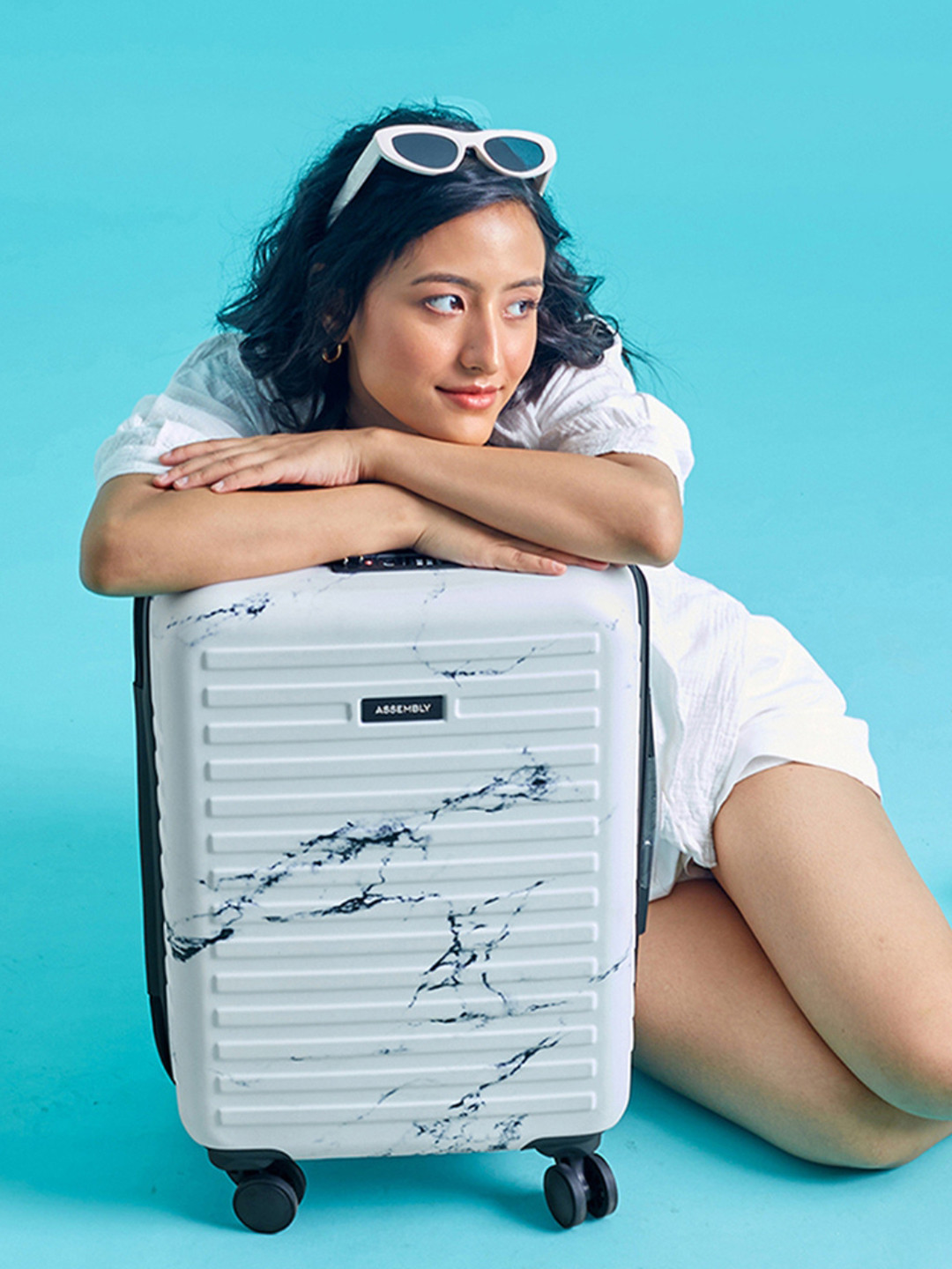 Assembly White Marble Printed Hard-Sided Cabin Luggage for Flight Travel - 40Liters