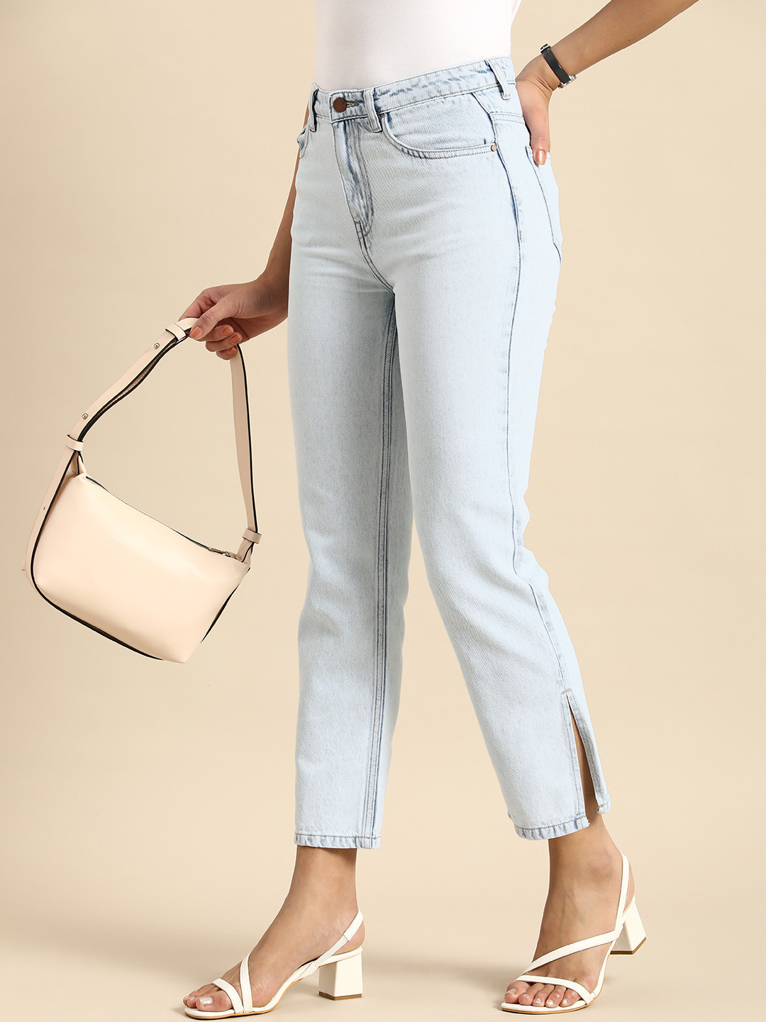 all about you Women Cotton Side Slit Straight Fit High-Rise Jeans