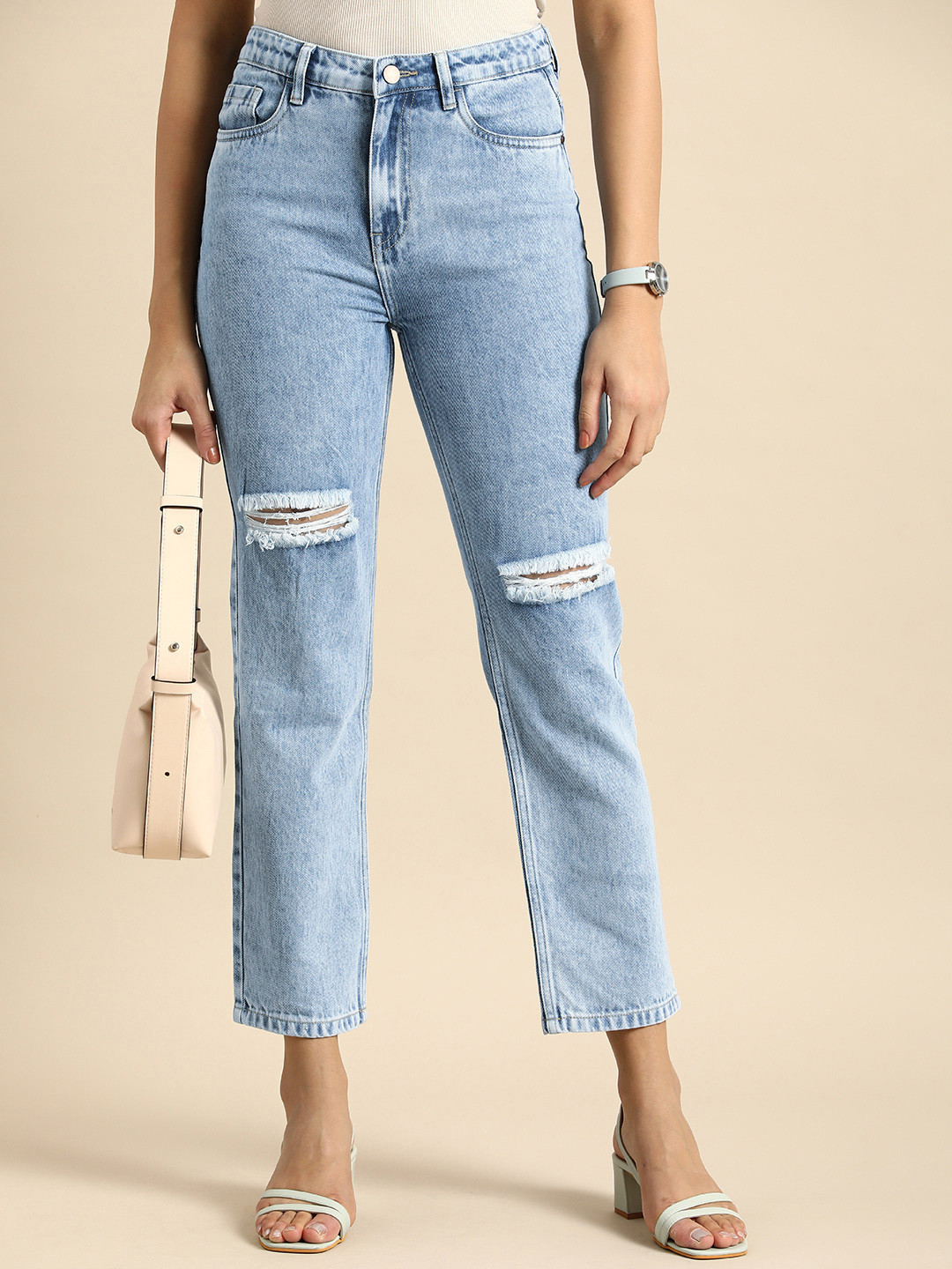 all about you Women Cotton Straight Fit High-Rise Low Distress Light Fade Jeans
