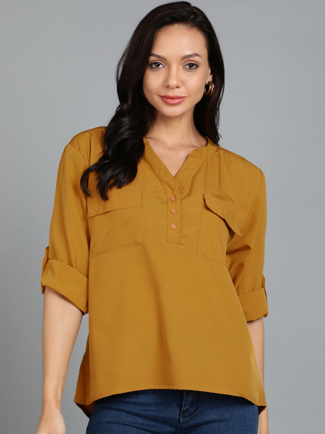 KASHIAN Mandarin Collar Roll-Up Sleeves Shirt Style Top