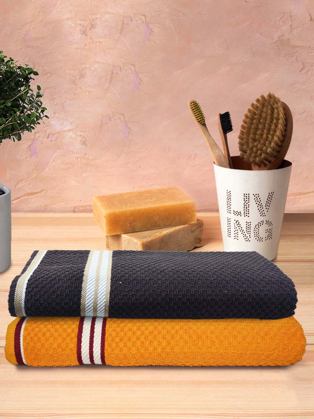 Athom Trendz Living Coffee Brown & Orange 2 Pcs Popcorn Textured Cotton Bath Towels