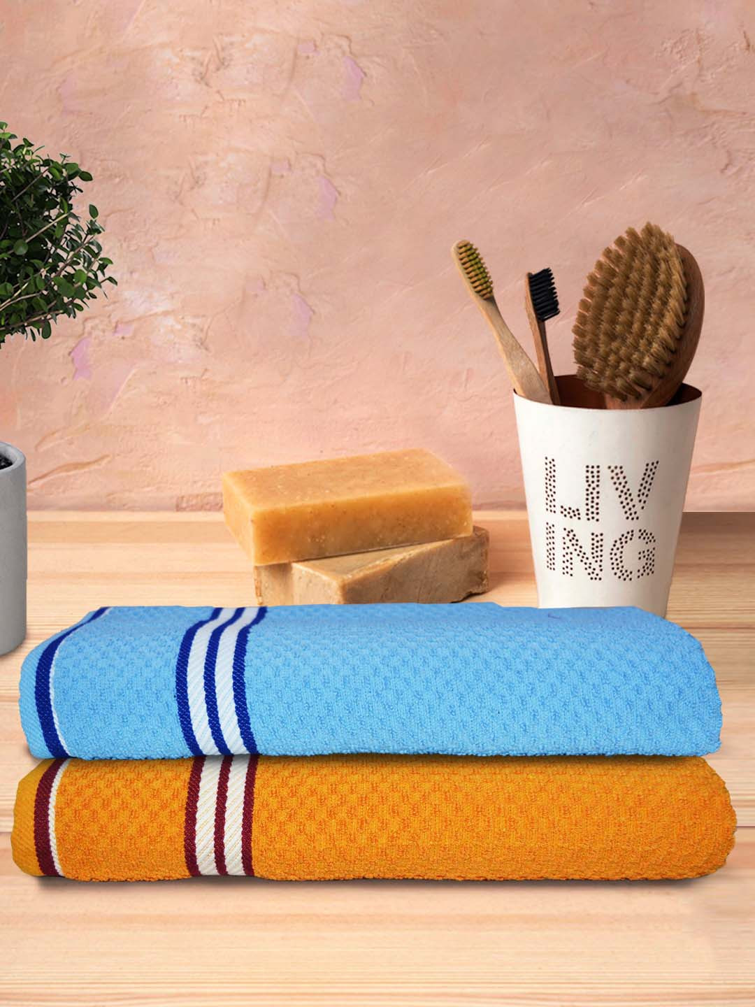 Athom Trendz 2Pcs Blue Popcorn Textured Pure Cotton 300GSM Super Soft Bath Towels