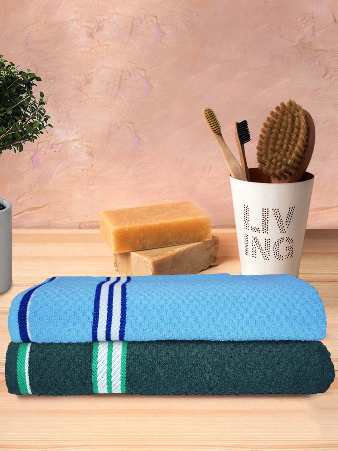 Athom Trendz Living 2-Pcs Blue & Green Popcorn Textured 300 GSM Pure Cotton Bath Towels
