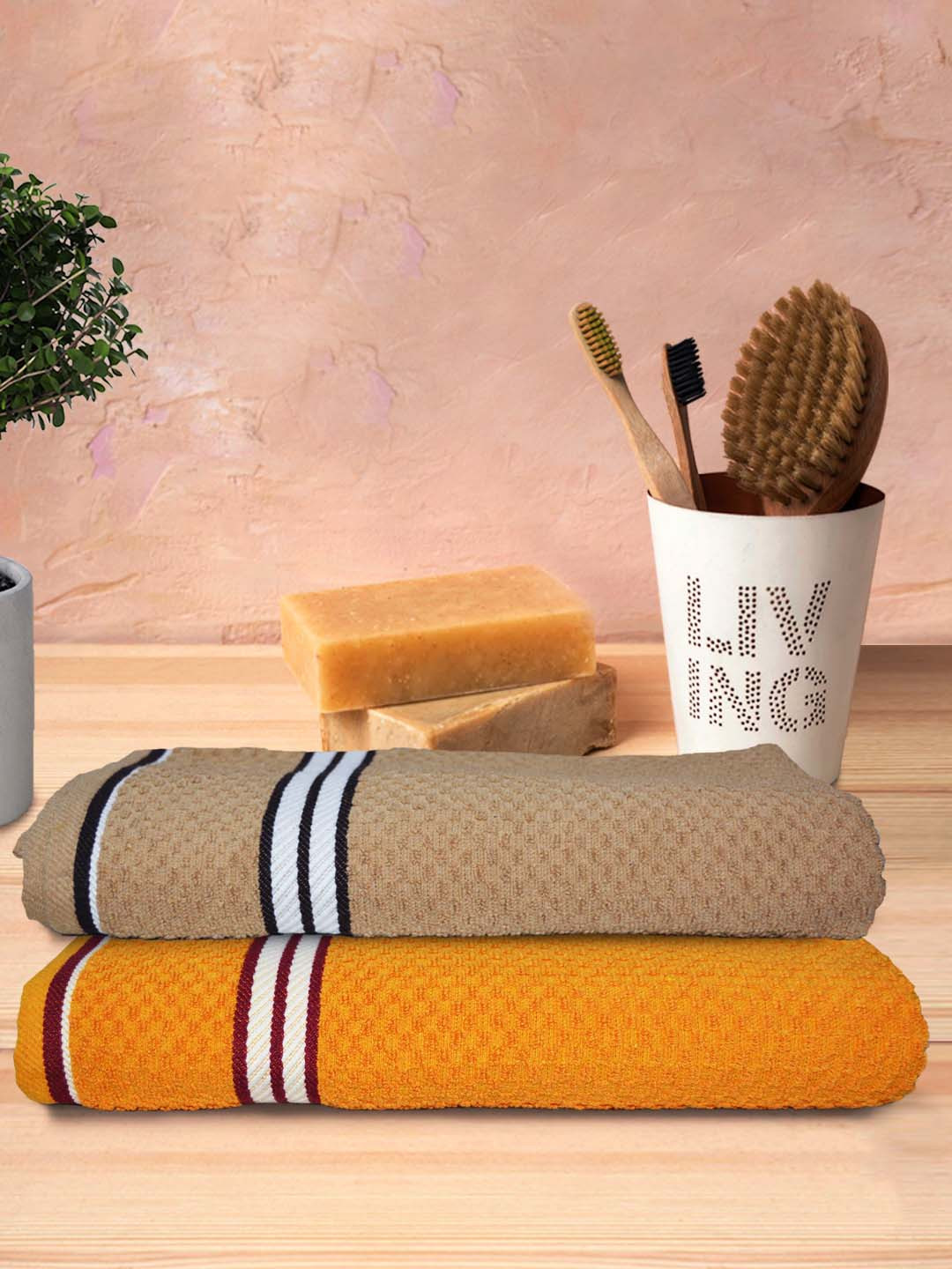 Athom Trendz Living 2Pcs Brown & Orange-Colored Popcorn Textured Pure Cotton  Bath Towels