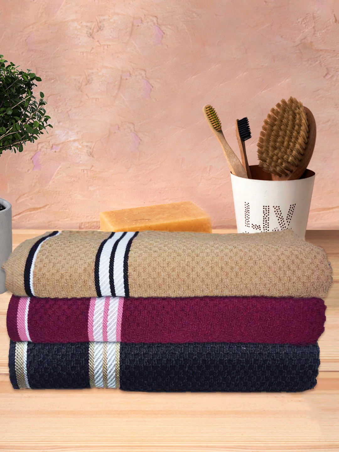 Athom Trendz Living Maroon & Brown 3 Pieces Popcorn Textured Pure Cotton Bath Towels