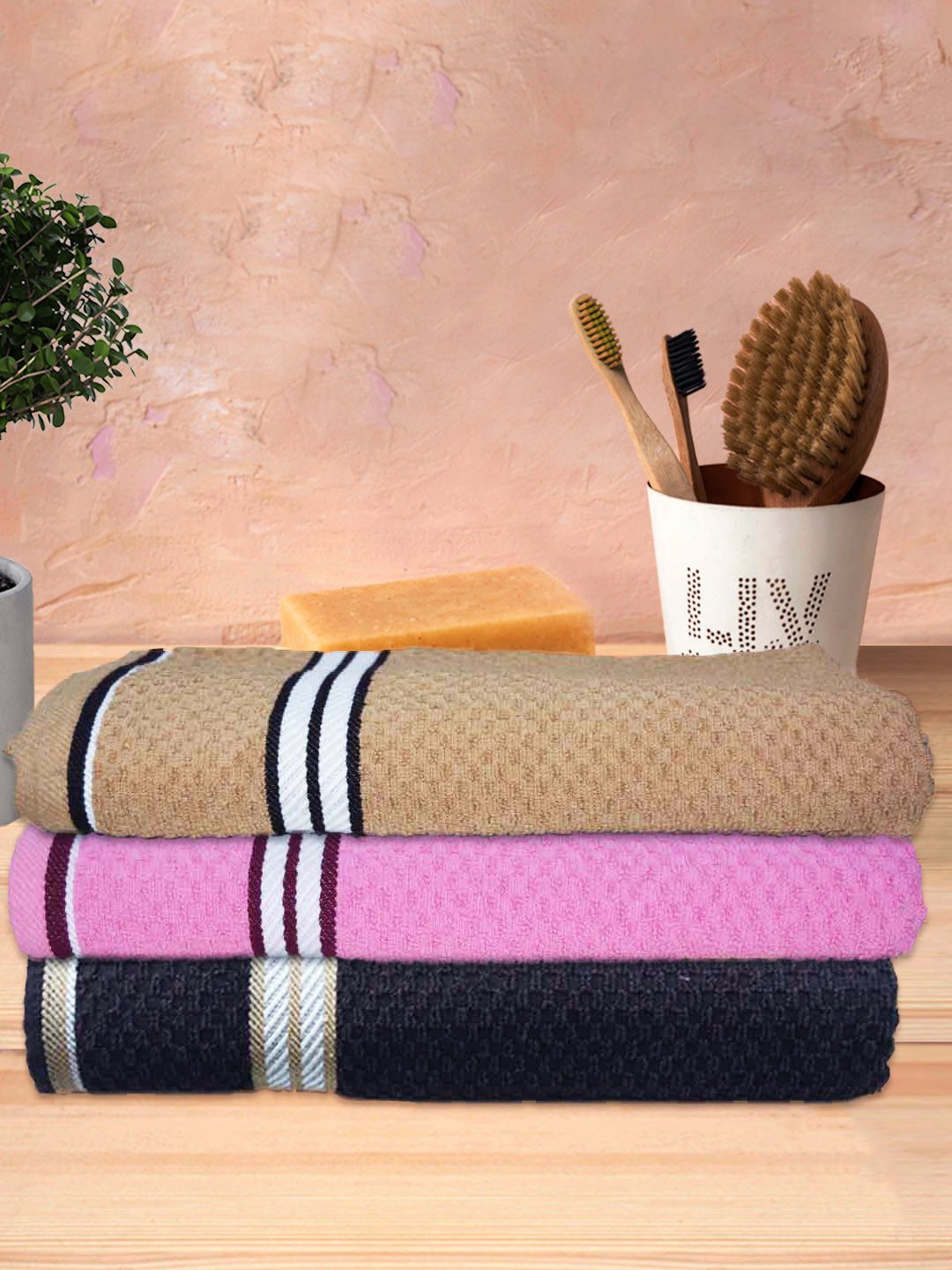 Athom Trendz Living Pink & Brown 3 Pcs Popcorn Textured Pure Cotton Super Soft Bath Towels