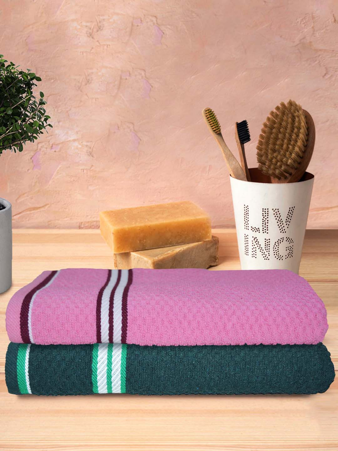 Athom Trendz Pink & Green 2 Pieces Popcorn Textured Pure Cotton Super Soft Bath Towels