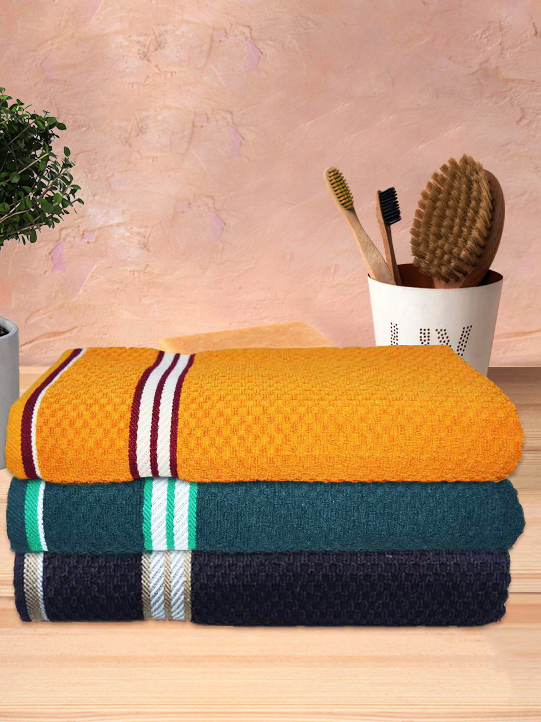 Athom Trendz Living 3-Pcs Green & Brown Popcorn Textured 300 GSM Pure Cotton Bath Towels