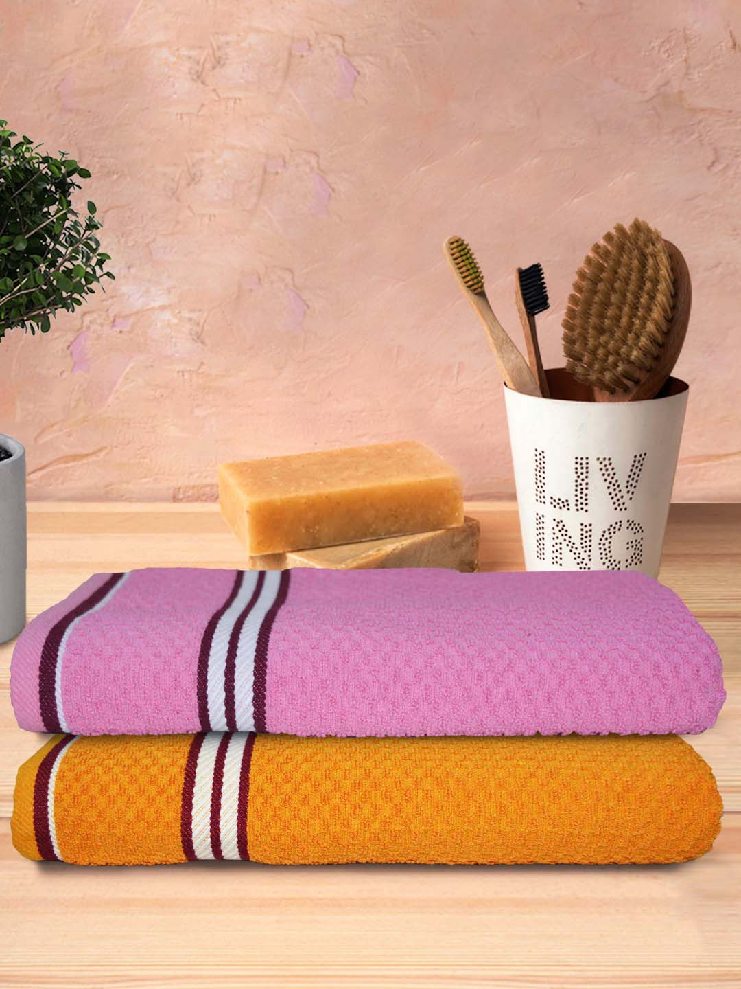 Athom Trendz Living Pink 2 Pcs Popcorn Textured 300 GSM Pure Cotton Bath Towels