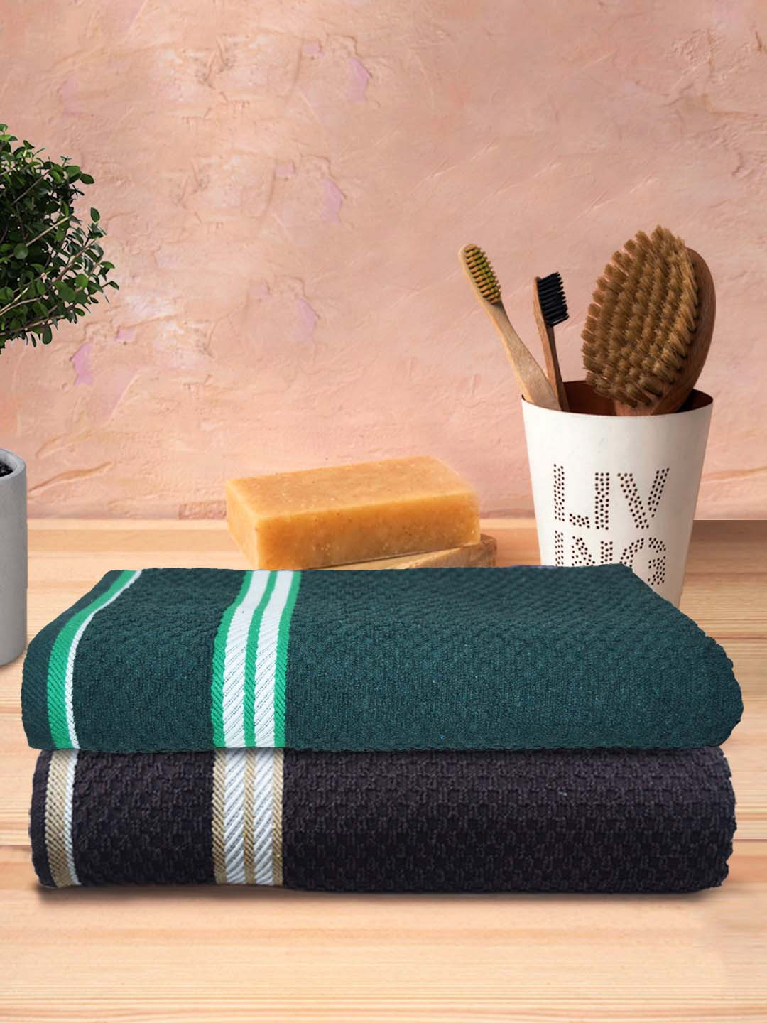 Athom Trendz Living Green & Coffee Brown 2 Pcs Popcorn Textured Pure Cotton Bath  Towels