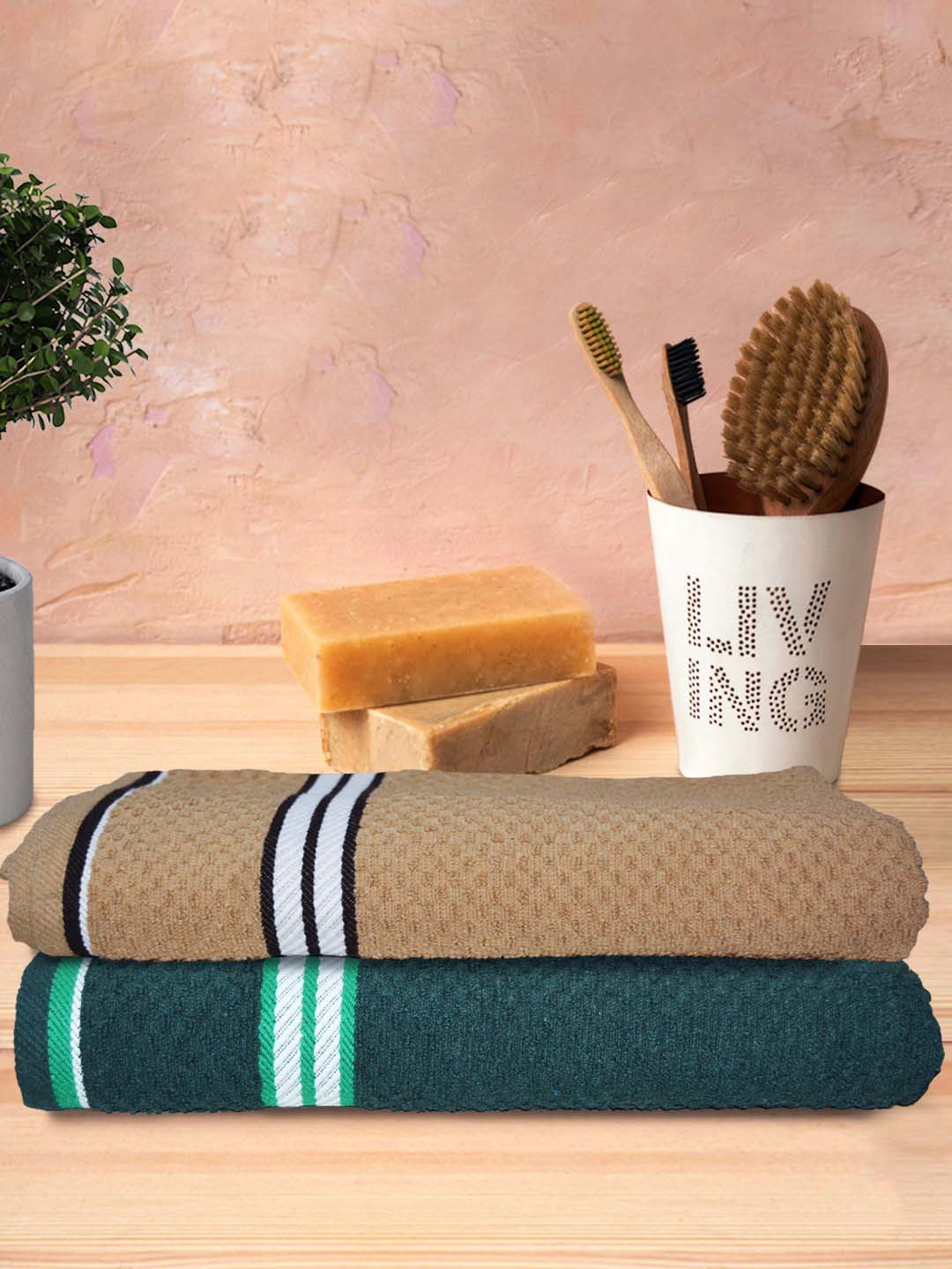 Athom Trendz Living 2Pcs Brown & Green Popcorn Textured Pure Cotton Bath Towels