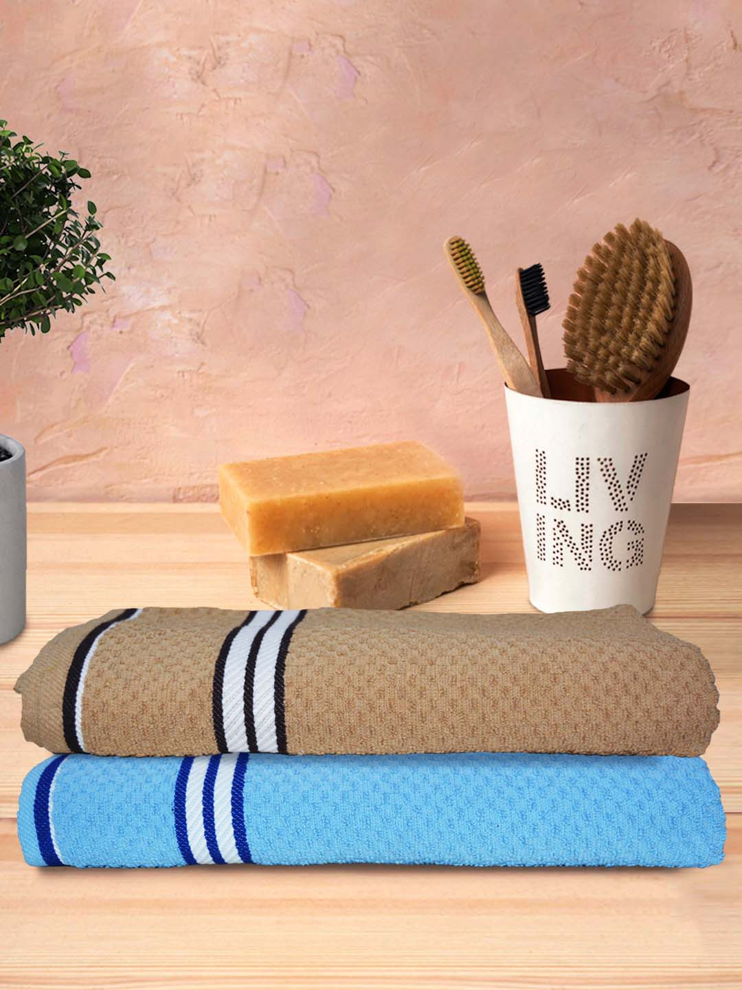 Athom Trendz Living 2-Pcs Blue & Brown Popcorn Textured 300 GSM Pure Cotton Bath Towels