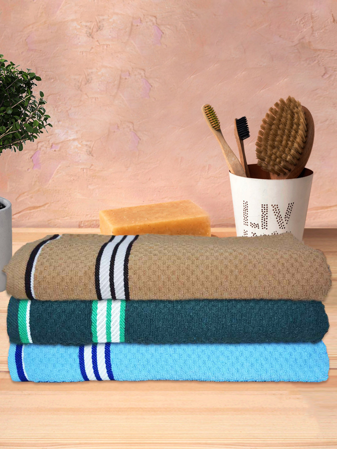 Athom Trendz Living 3-Pcs Blue & Brown Popcorn Textured 300 GSM Pure Cotton Bath Towels