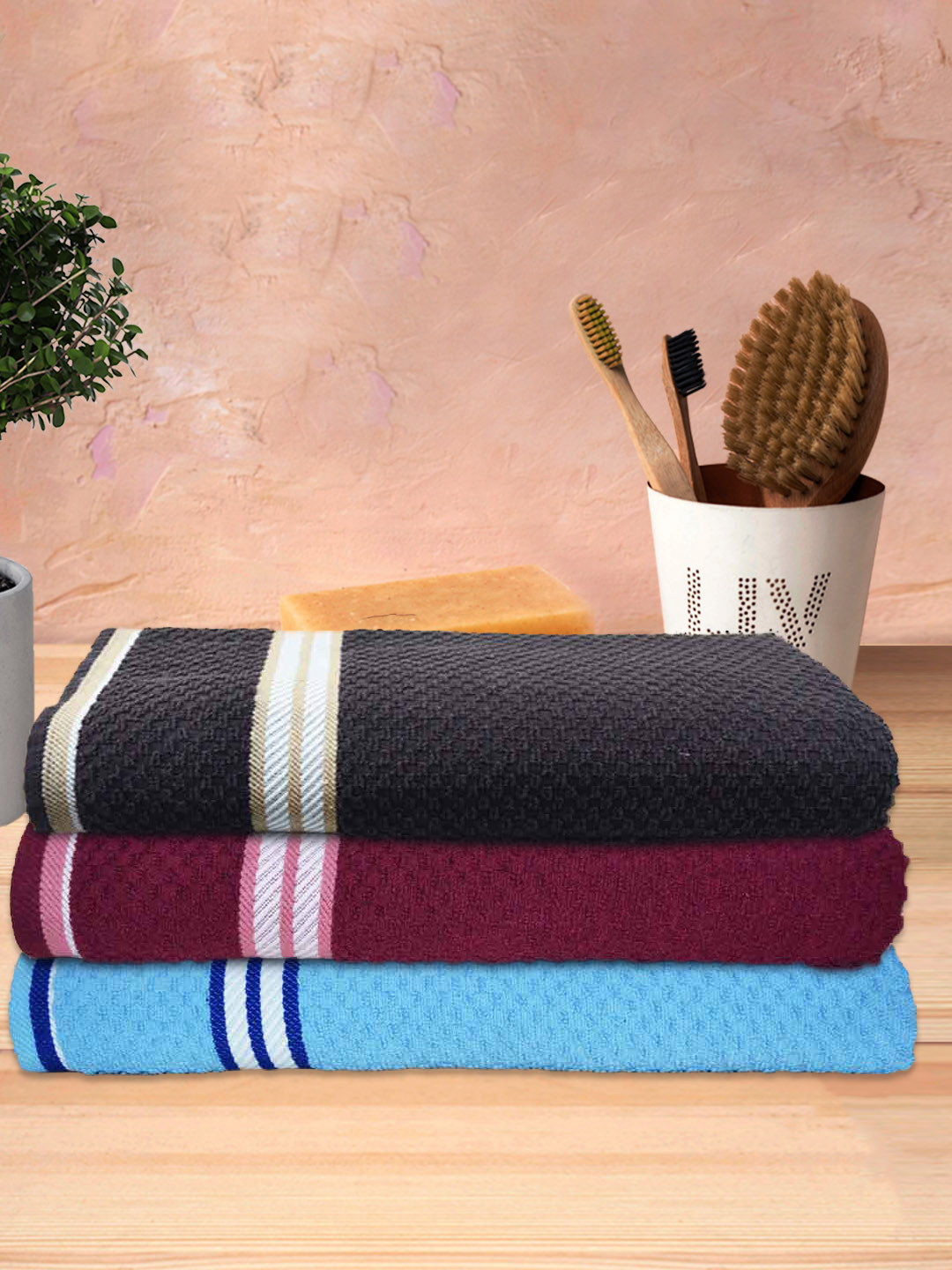 Athom Trendz Living Blue & Maroon 3 Pcs Popcorn Textured 300 GSM Pure Cotton Bath Towels
