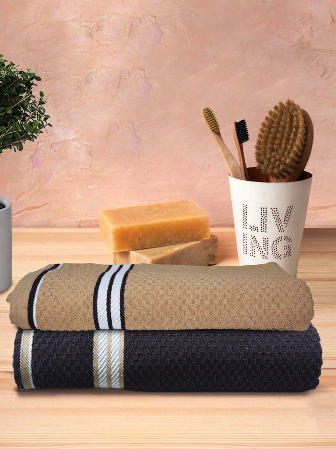 Athom Trendz Living Beige & Brown 2 Pcs Popcorn Textured 300 GSM Pure Cotton Bath Towels