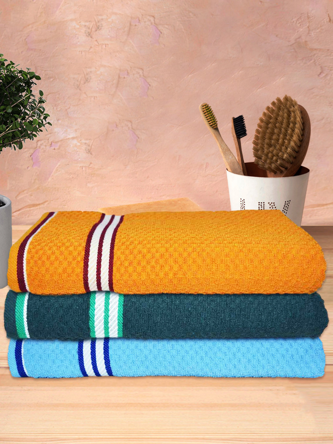 Athom Trendz Living 3Pcs Orange-Colored & Grey Popcorn Textured Pure Cotton Bath Towels