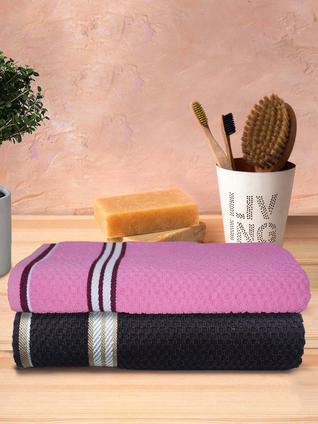 Athom Trendz Living Pink & Coffee Brown 2 Pieces Popcorn Textured Pure Cotton Bath Towels