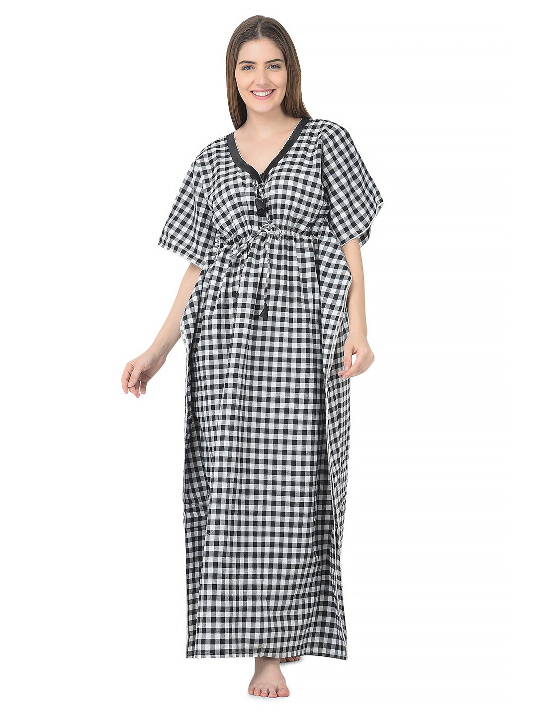 Noty Checked V-Neck Kaftan Nightdress
